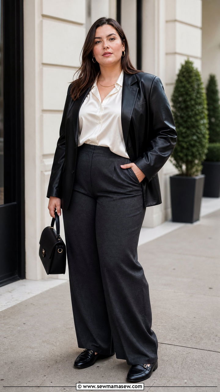 Plus Size Leather Blazer Jacket With Trousers - 20 plus size leather jacket outfit ideas