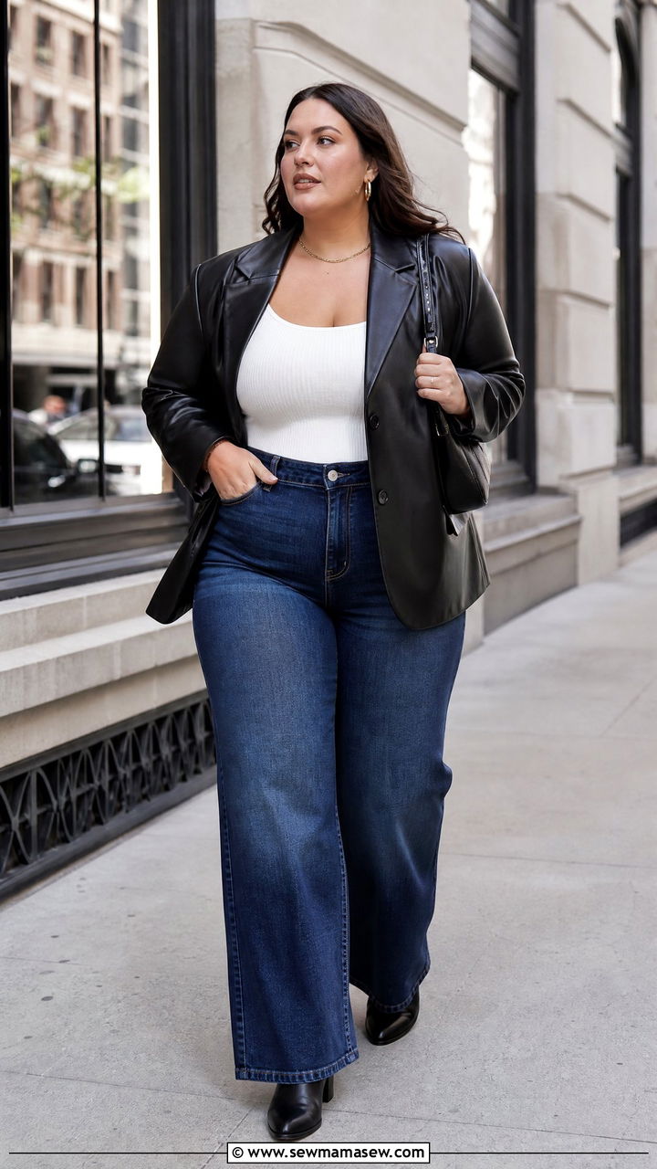 Plus Size Leather Blazer Top With Wide Leg Jeans - 20 plus size blazer top outfit ideas