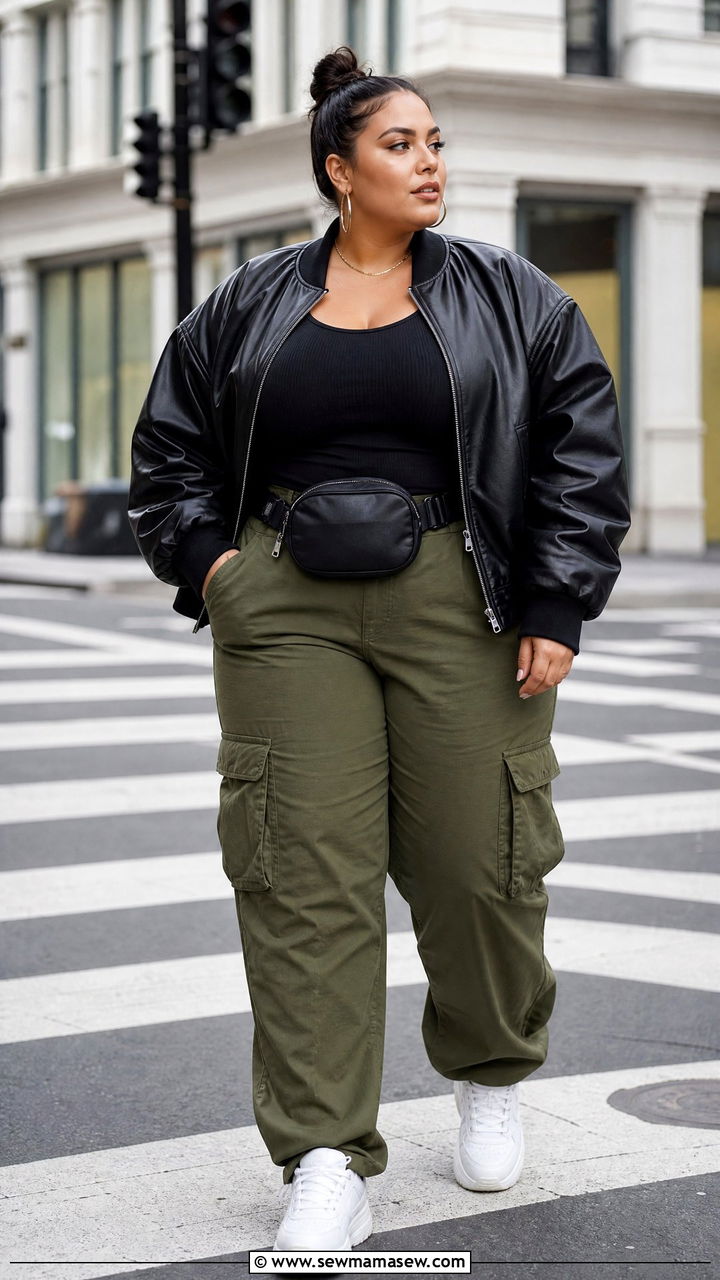 Plus Size Leather Bomber Jacket With Cargo Pants - 20 plus size leather jacket outfit ideas