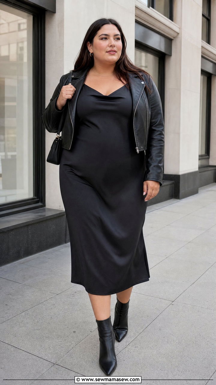 Plus Size Leather Jacket Outfit With Slip Dress - 20 plus size layering outfit ideas