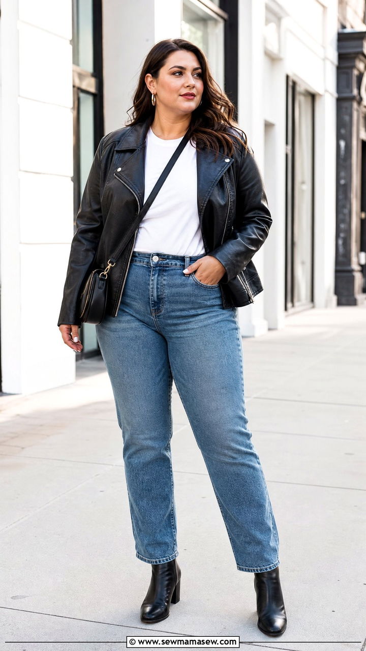 Plus Size Leather Jacket With Straight Leg Jeans - 20 plus size leather jacket outfit ideas