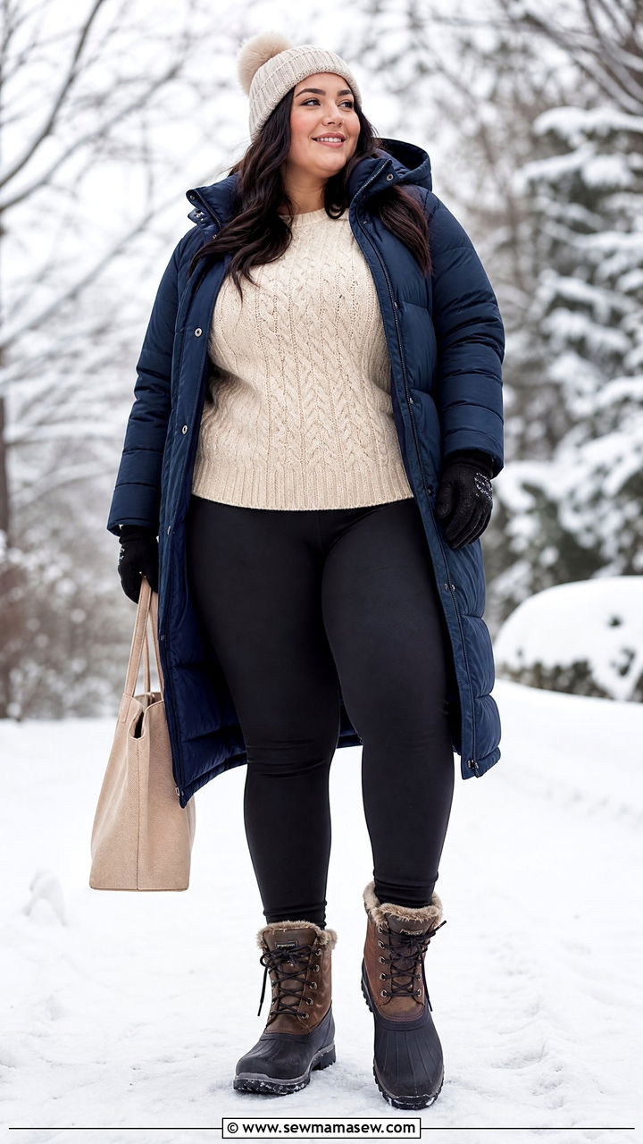 Plus Size Leggings With Cable Knit Sweater And Snow Boots - 20 plus size winter outfit ideas with leggings
