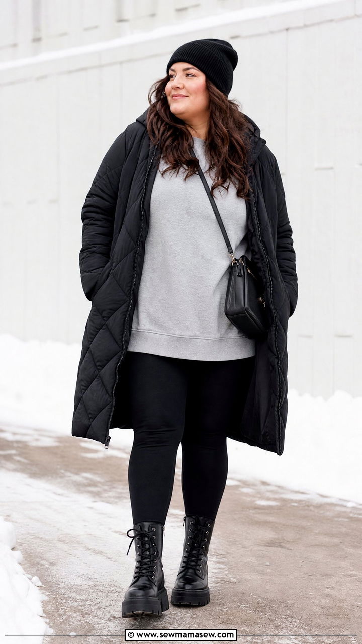 Plus Size Leggings With Combat Boots And Puffer Coat - 20 plus size winter outfit ideas with boots