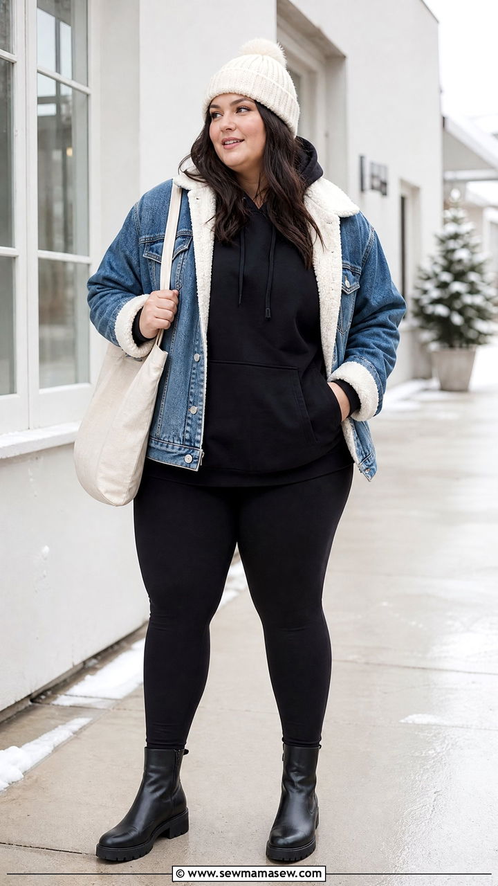 Plus Size Leggings With Denim Jacket And Hoodie - 20 plus size winter outfit ideas with leggings