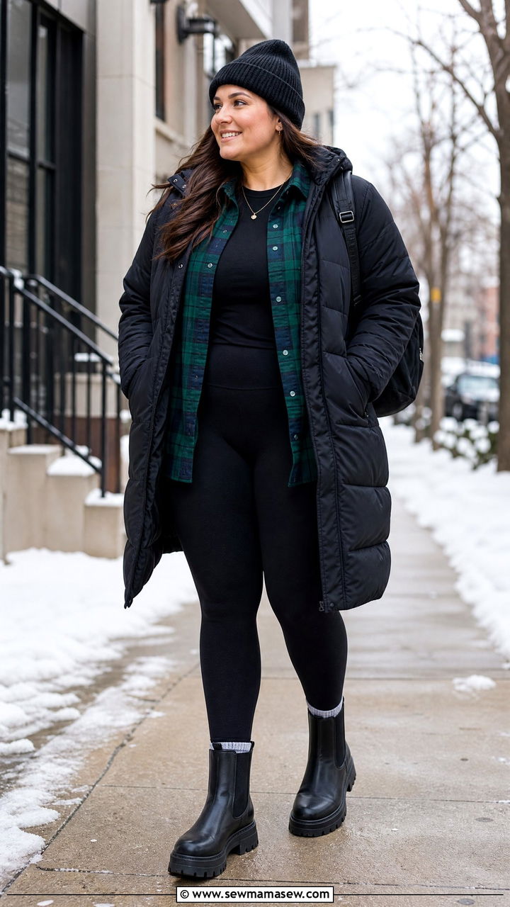 Plus Size Leggings With Flannel Shirt And Puffer Coat - 20 plus size winter outfit ideas with leggings