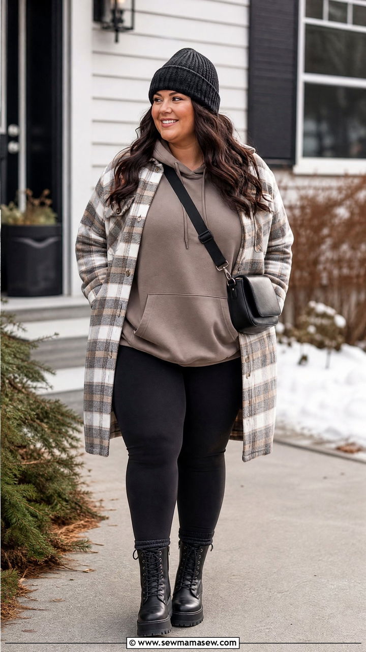 Plus Size Leggings With Hoodie And Long Shacket - 20 plus size winter outfit ideas with leggings