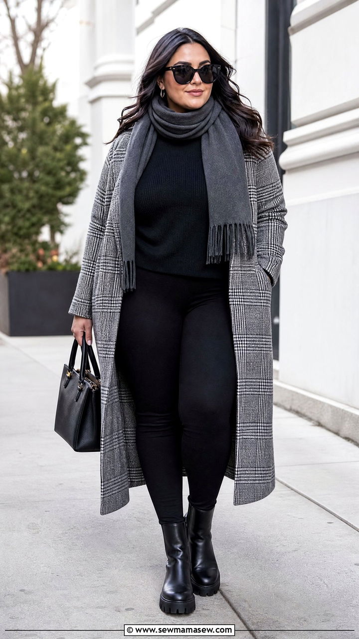 Plus Size Leggings With Plaid Coat And Black Boots - 20 plus size winter outfit ideas with leggings