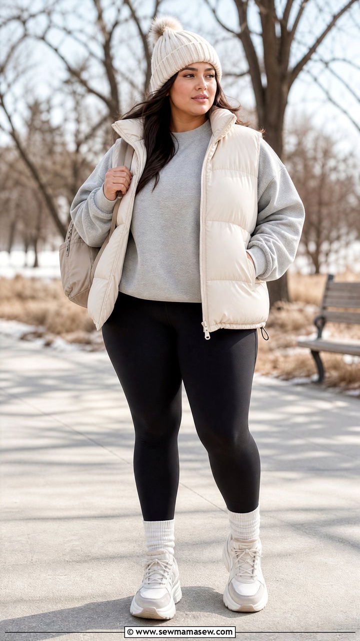 Plus Size Leggings With Puffer Vest And Sweatshirt - 20 plus size winter outfit ideas with leggings