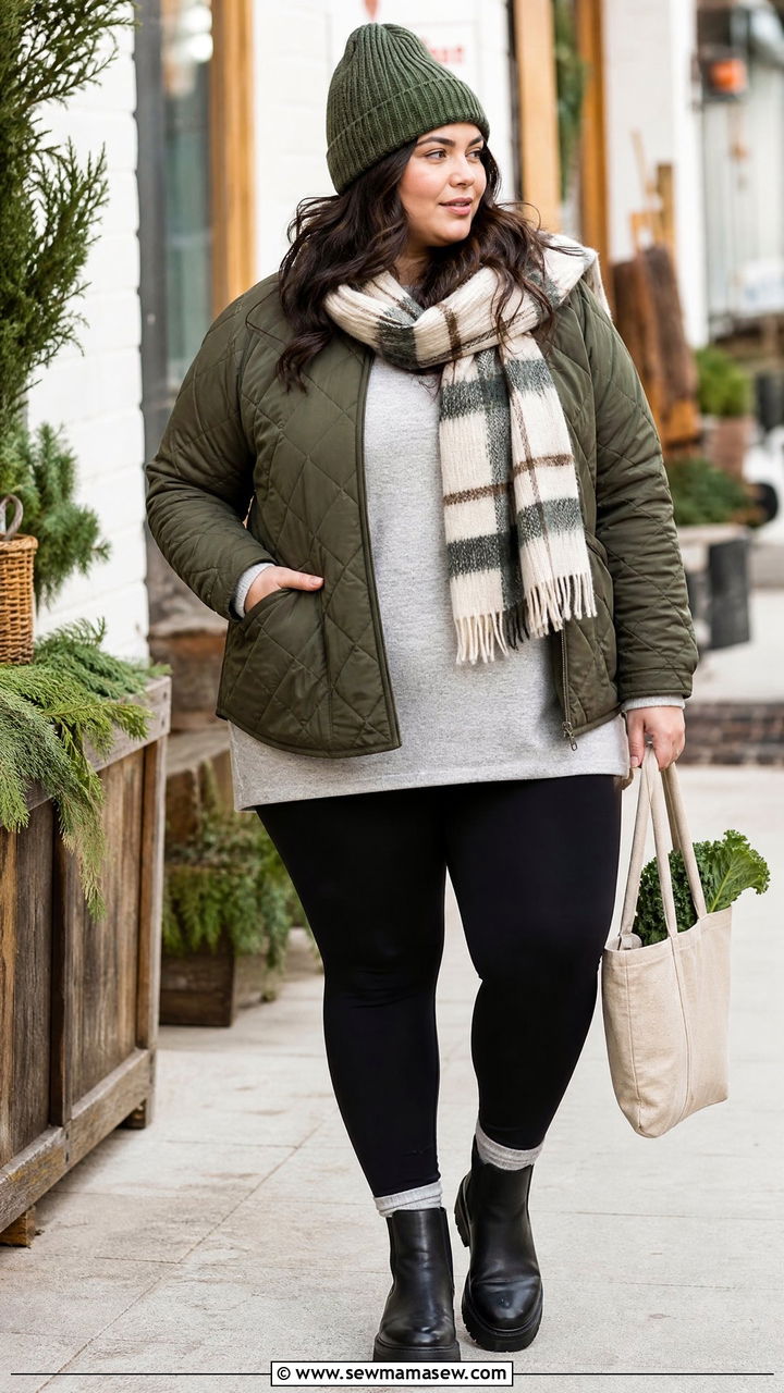 Plus Size Leggings With Quilted Jacket And Beanie - 20 plus size winter outfit ideas with leggings