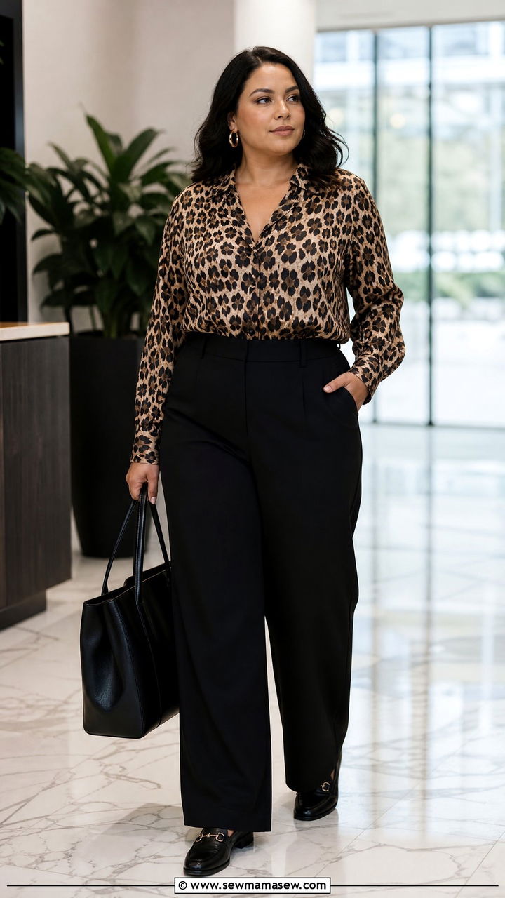 Plus Size Leopard Print Blouse With Black Trousers - 20 plus size printed blouse outfit ideas