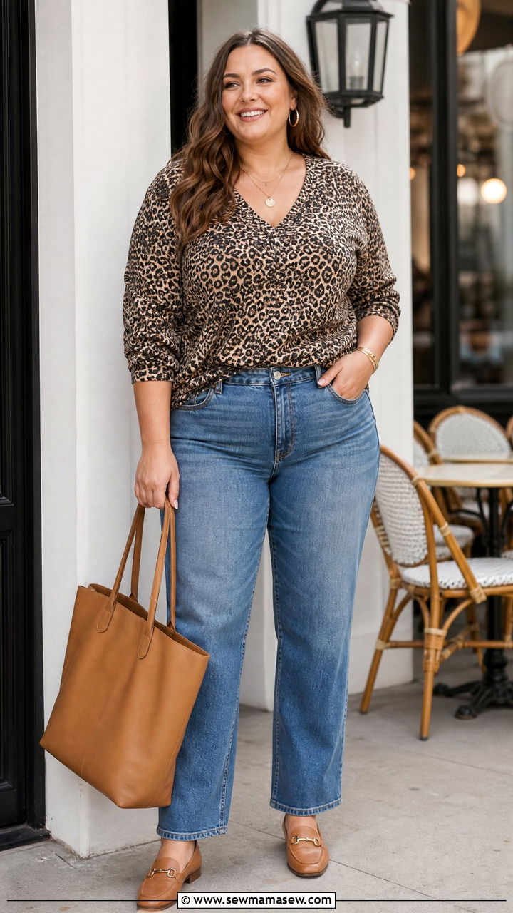 Plus Size Leopard Print Top With Blue Jeans - 20 plus size leopard print top outfit ideas