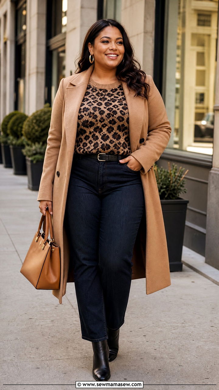 Plus Size Leopard Print Top With Camel Coat - 20 plus size leopard print top outfit ideas