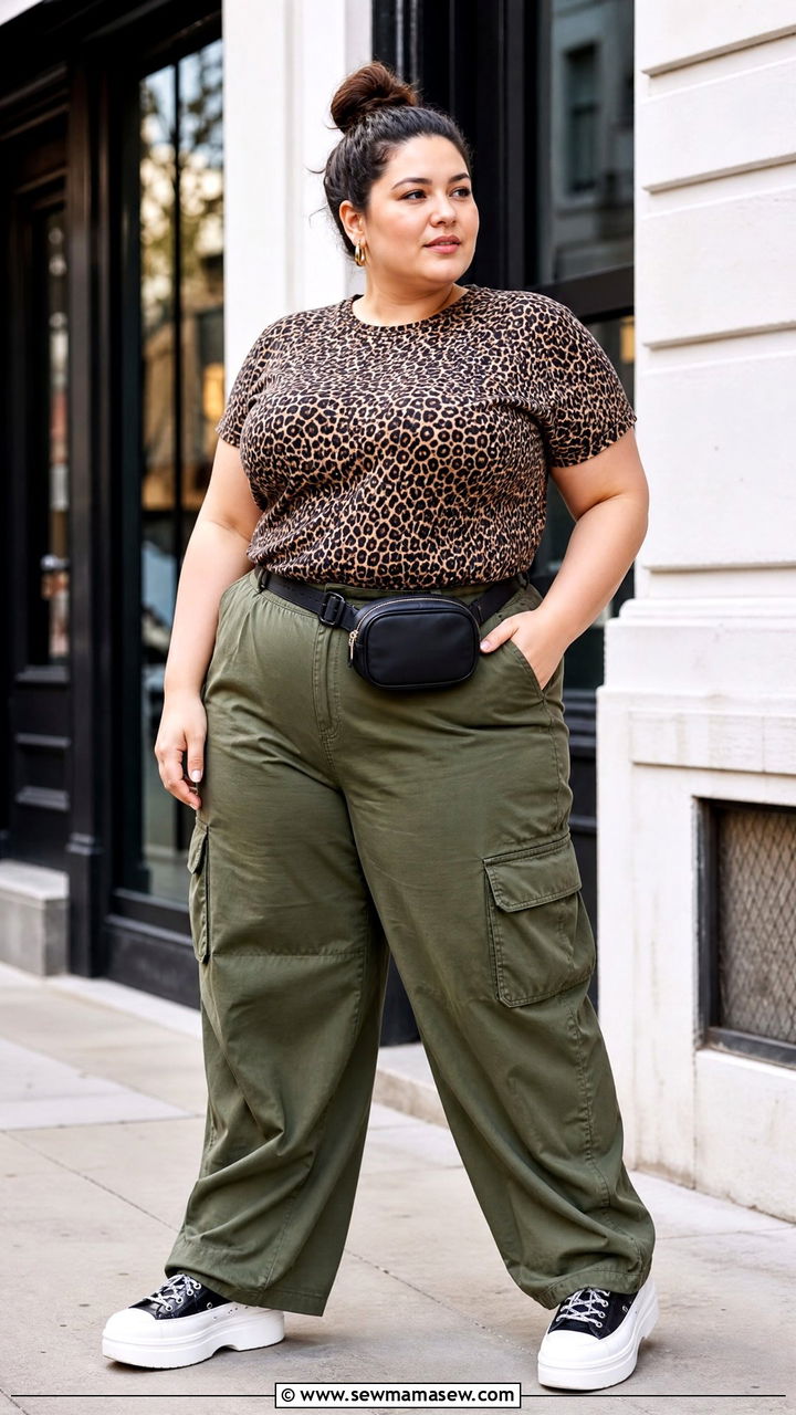 Plus Size Leopard Print Top With Cargo Pants - 20 plus size leopard print top outfit ideas