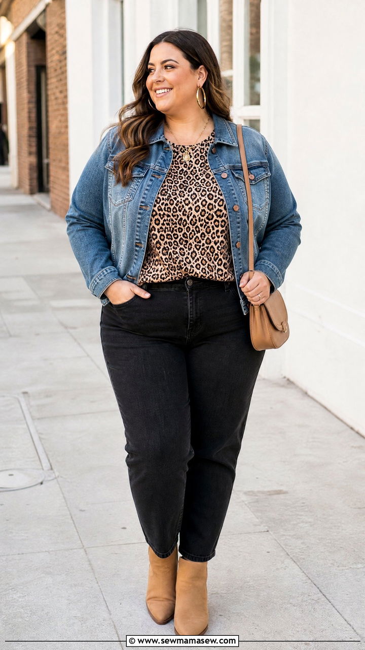 Plus Size Leopard Print Top With Denim Jacket - 20 plus size leopard print top outfit ideas