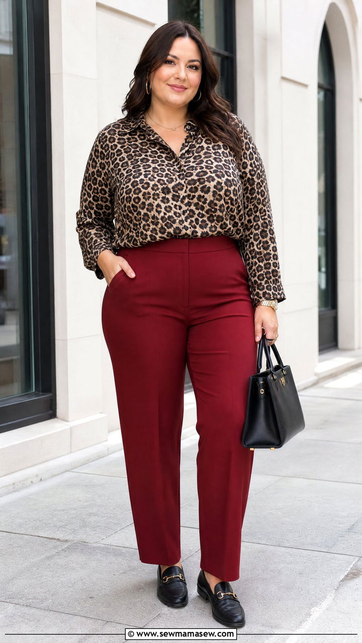 Plus Size Leopard Print Top With Red Pants - 20 plus size leopard print top outfit ideas