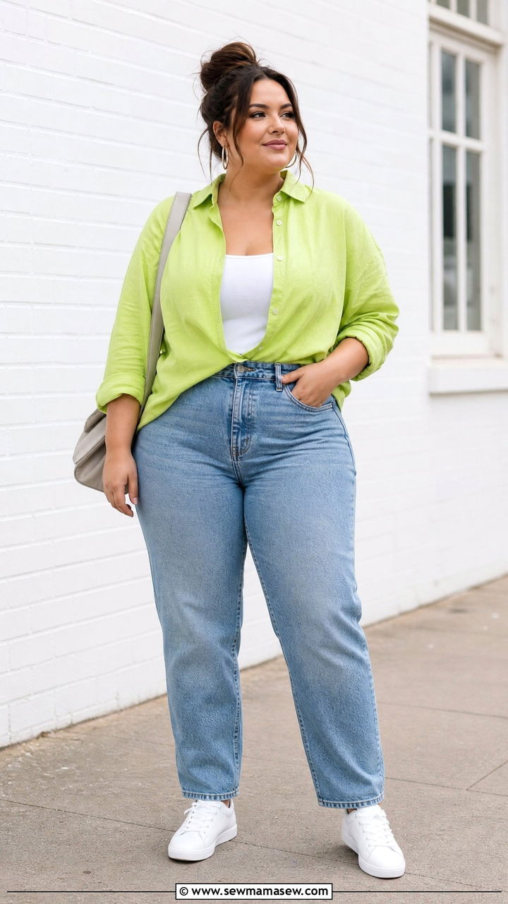 Plus Size Lime Green Shirt And Jeans Outfit - 20 plus size bright color outfit ideas