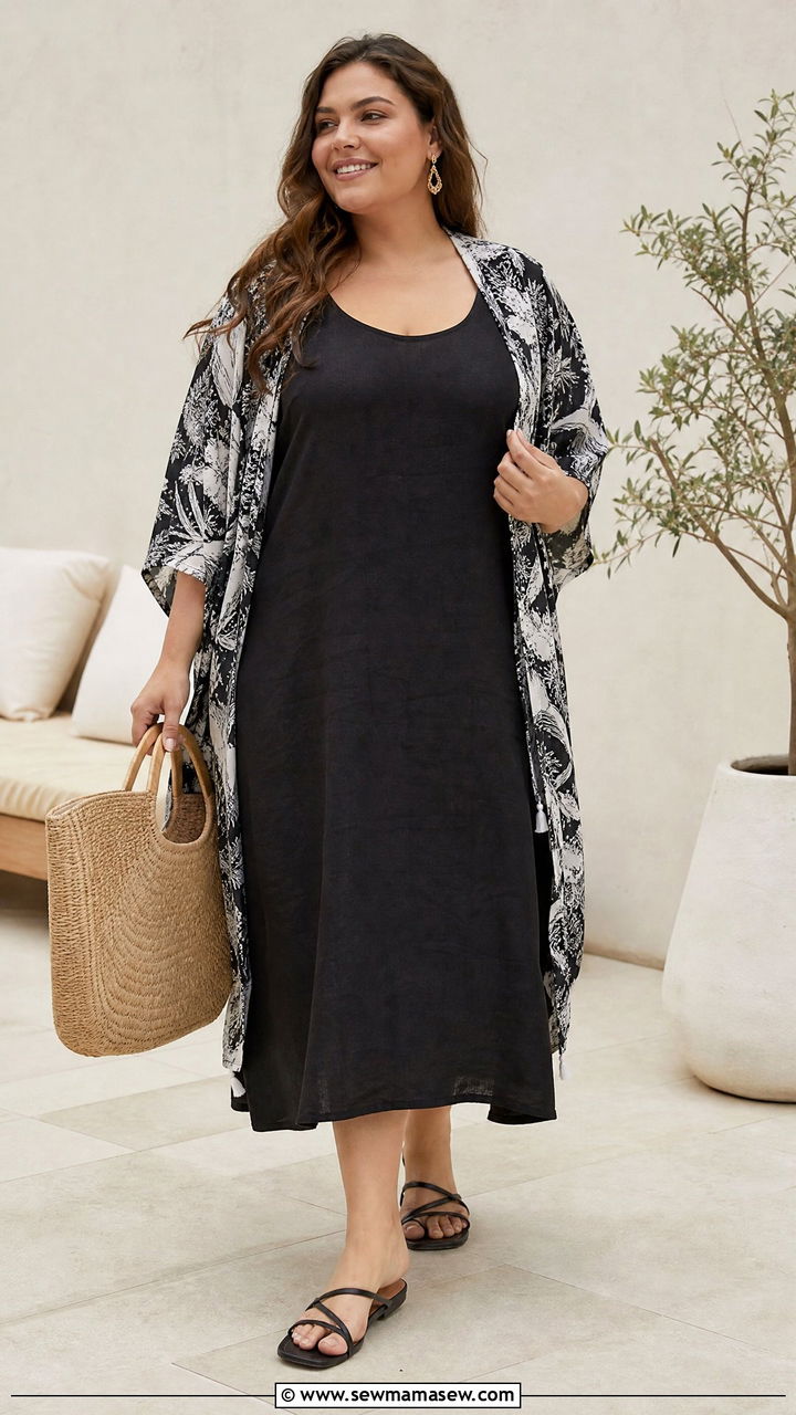 Plus Size Linen Dress With Lightweight Kimono - 20 plus size linen dress outfit ideas