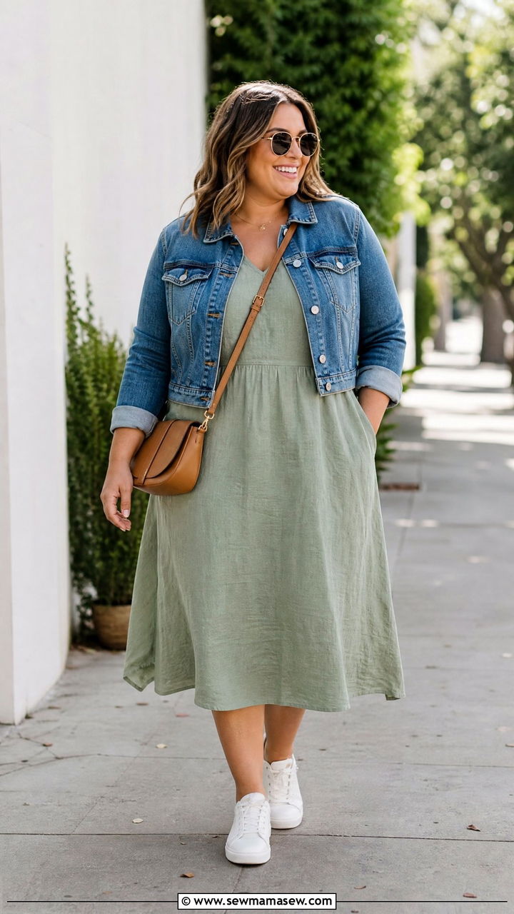 Plus Size Linen Midi Dress With Denim Jacket - 20 plus size linen dress outfit ideas