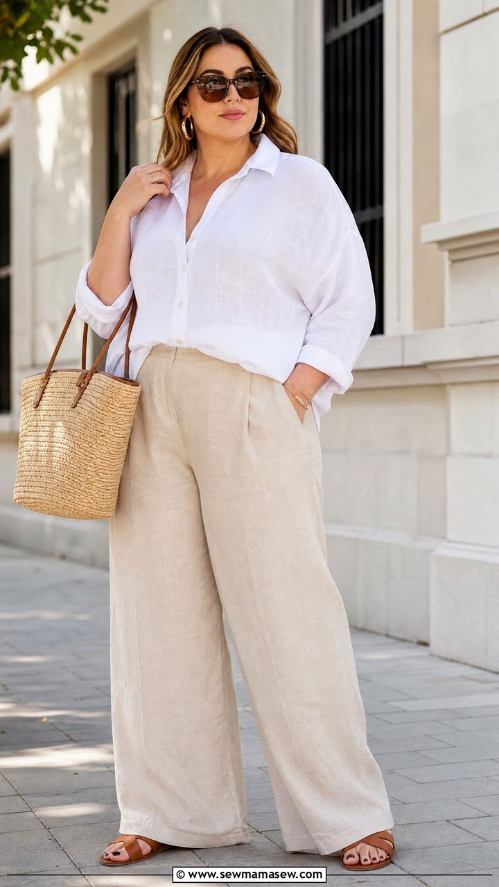 Plus Size Linen Shirt And Wide Leg Pants With Sandals - 20 plus size summer outfit ideas with sandals