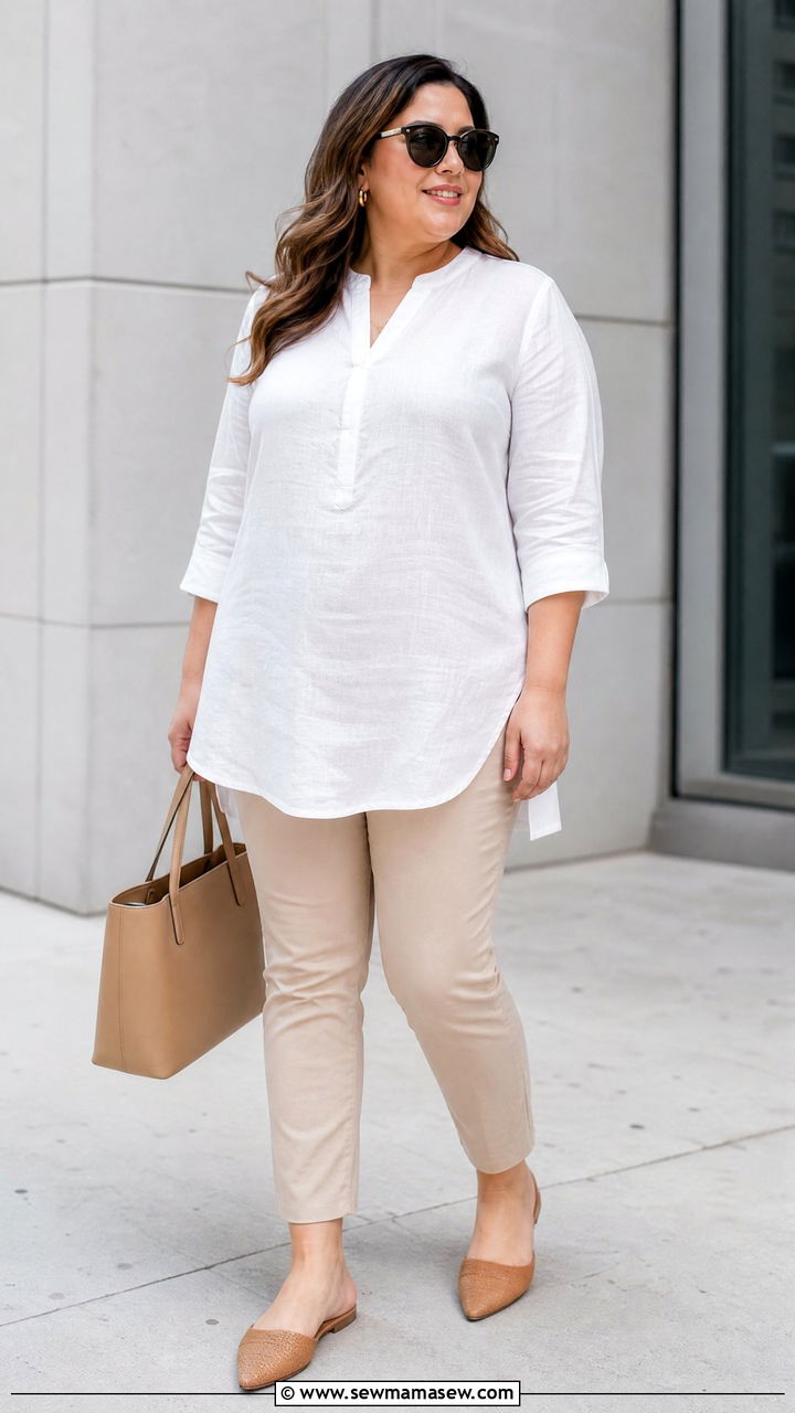 Plus Size Linen Tunic And Slim Pants Outfit - 20 plus size linen summer outfit ideas