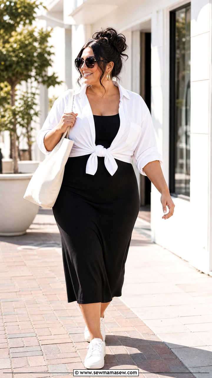 Plus Size Little Black Dress With Button Down Shirt - 20 plus size little black dress outfit ideas
