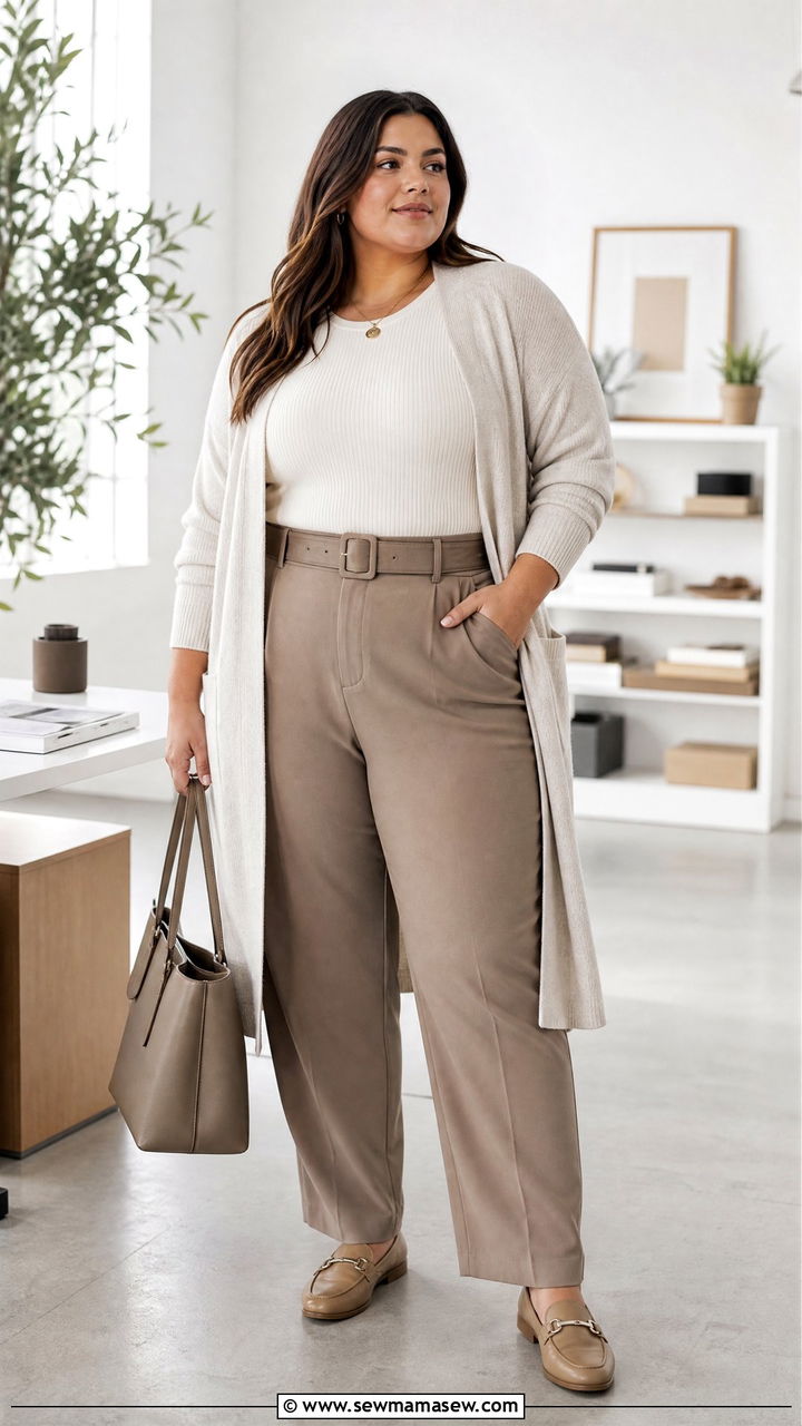 Plus Size Long Cardigan And Belted Pants Outfit - 20 plus size outfits for rectangle shape