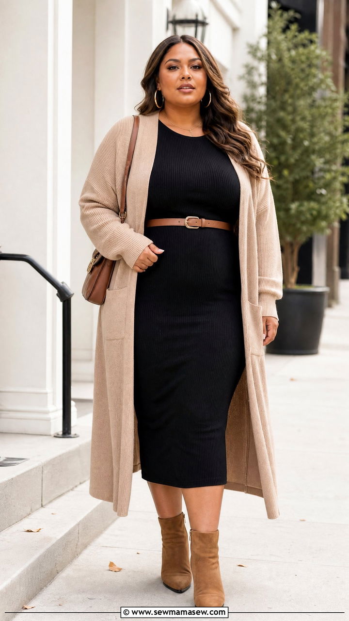 Plus Size Long Cardigan And Fitted Dress Outfit - 20 plus size cozy sweater outfit ideas