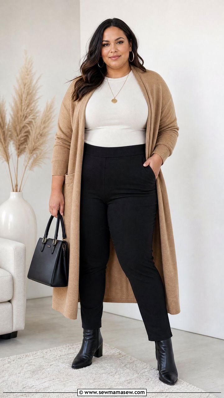 Plus Size Long Cardigan And Fitted Tee Outfit - 20 plus size layered top outfit ideas