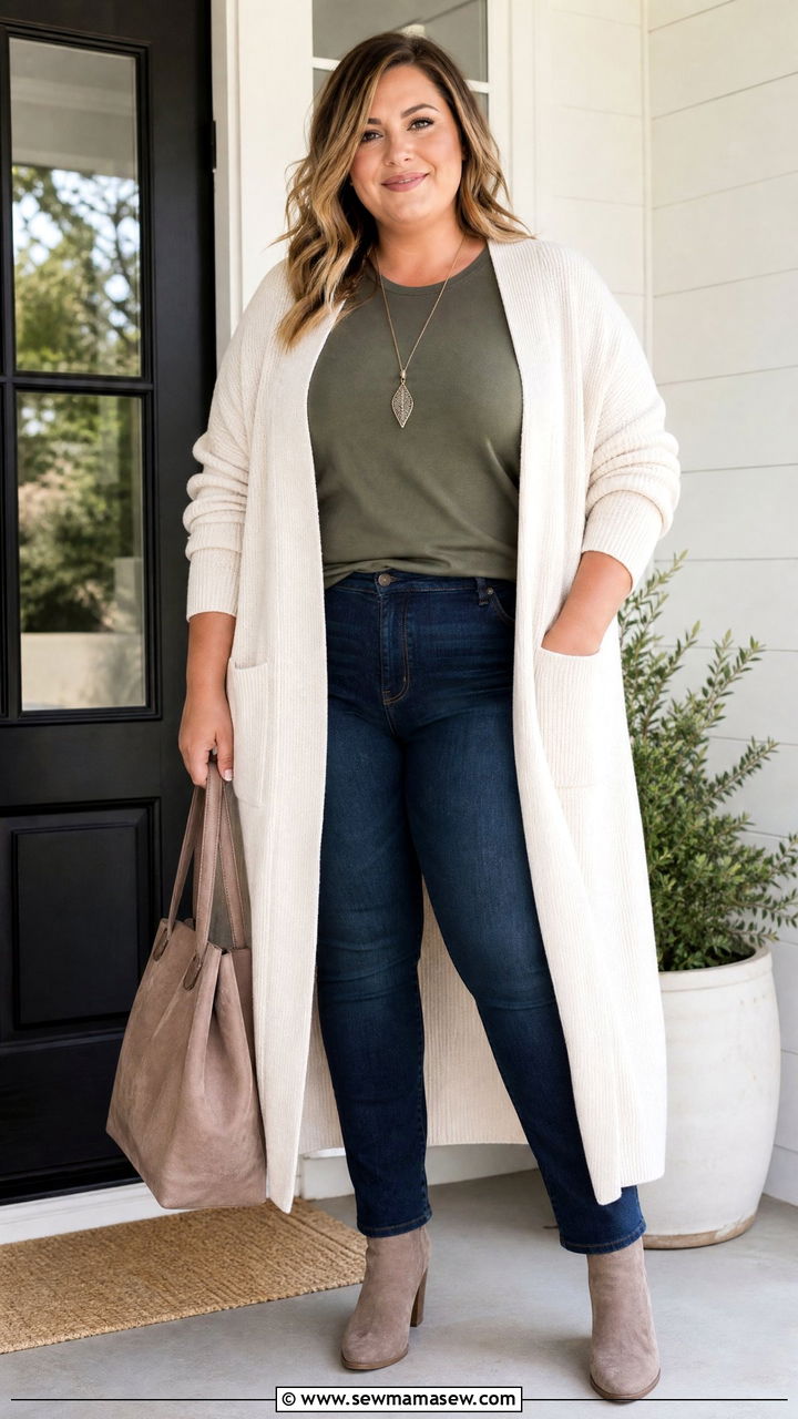 Plus Size Long Cardigan And Jeans Outfit - 20 plus size transitional fall outfits