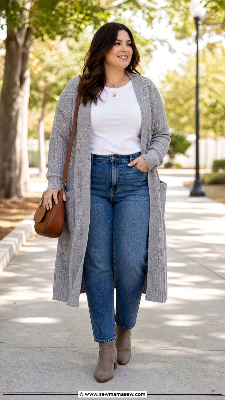 Plus Size Long Cardigan And Jeans Outfit - 20 plus size outfits to balance proportions