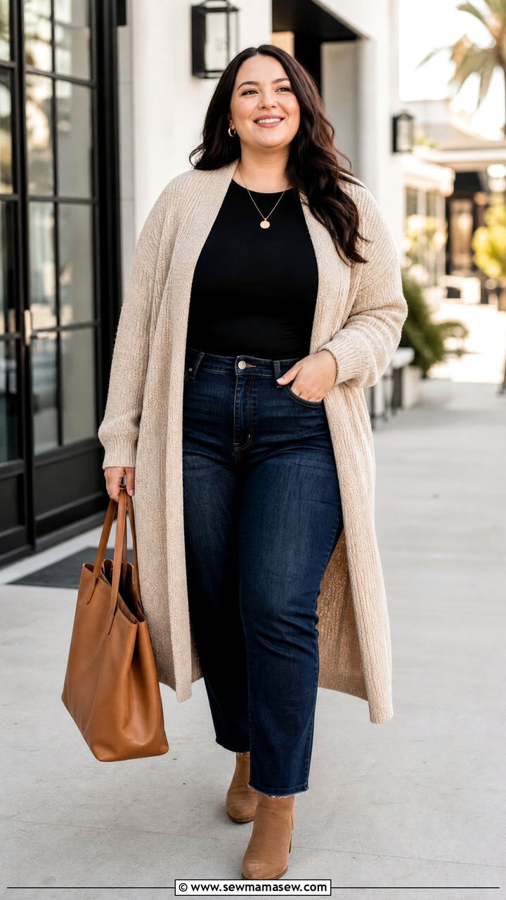 Plus Size Long Cardigan And Straight Jeans Outfit - 20 plus size outfits to look slimmer