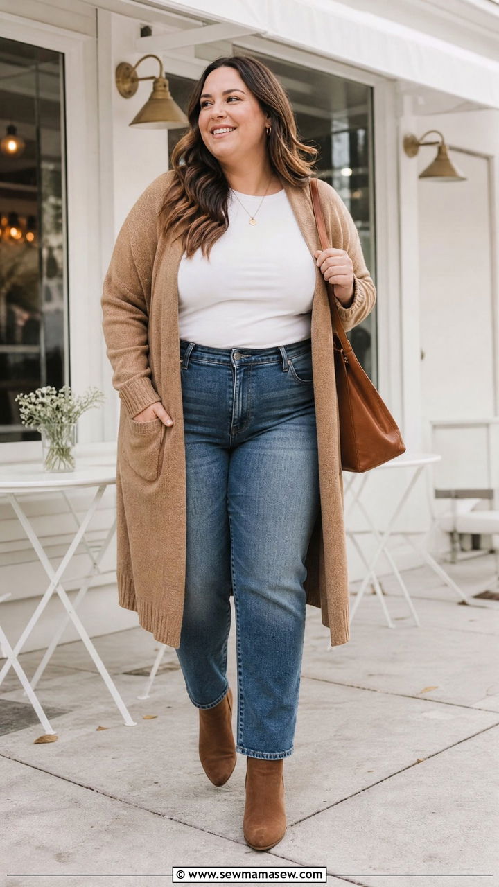 Plus Size Long Cardigan And Straight Jeans Outfit - 20 plus size outfits for thick thighs