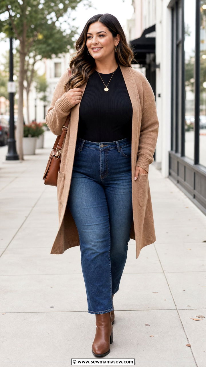 Plus Size Long Cardigan Outfit With Straight Jeans - 20 plus size layering outfit ideas
