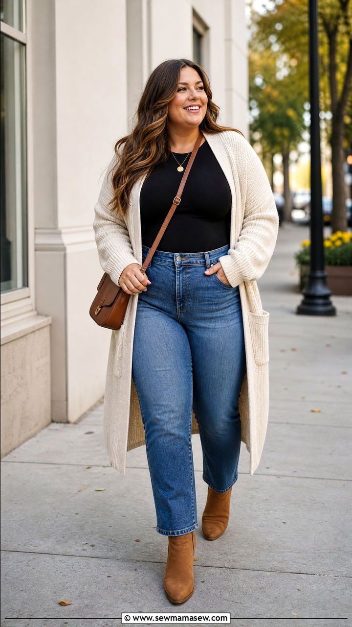 Plus Size Long Cardigan With Jeans Outfit - 20 plus size layered fall outfit ideas