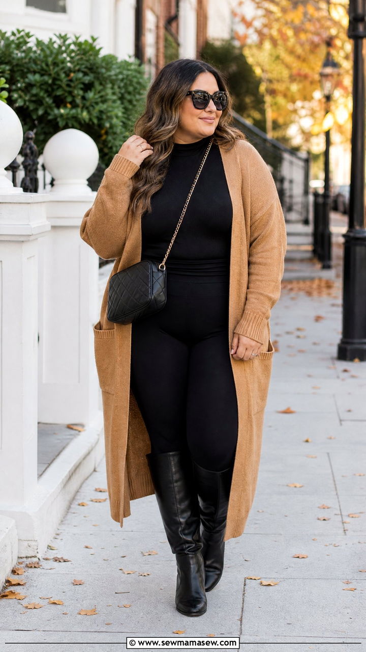 Plus Size Long Cardigan With Leggings - 20 plus size fall sweater outfit ideas