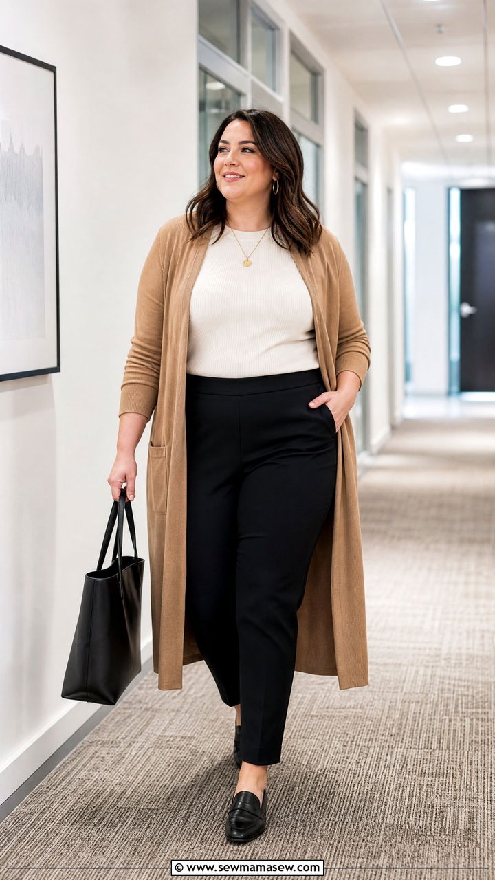 Plus Size Long Cardigan With Ponte Pants - 20 plus size cozy fall outfits