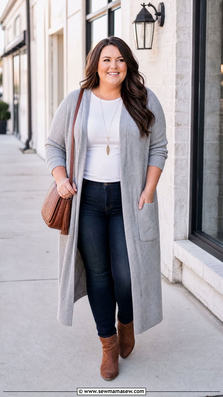 Plus Size Long Cardigan With Slim Jeans - 20 plus size sweater weather outfit ideas