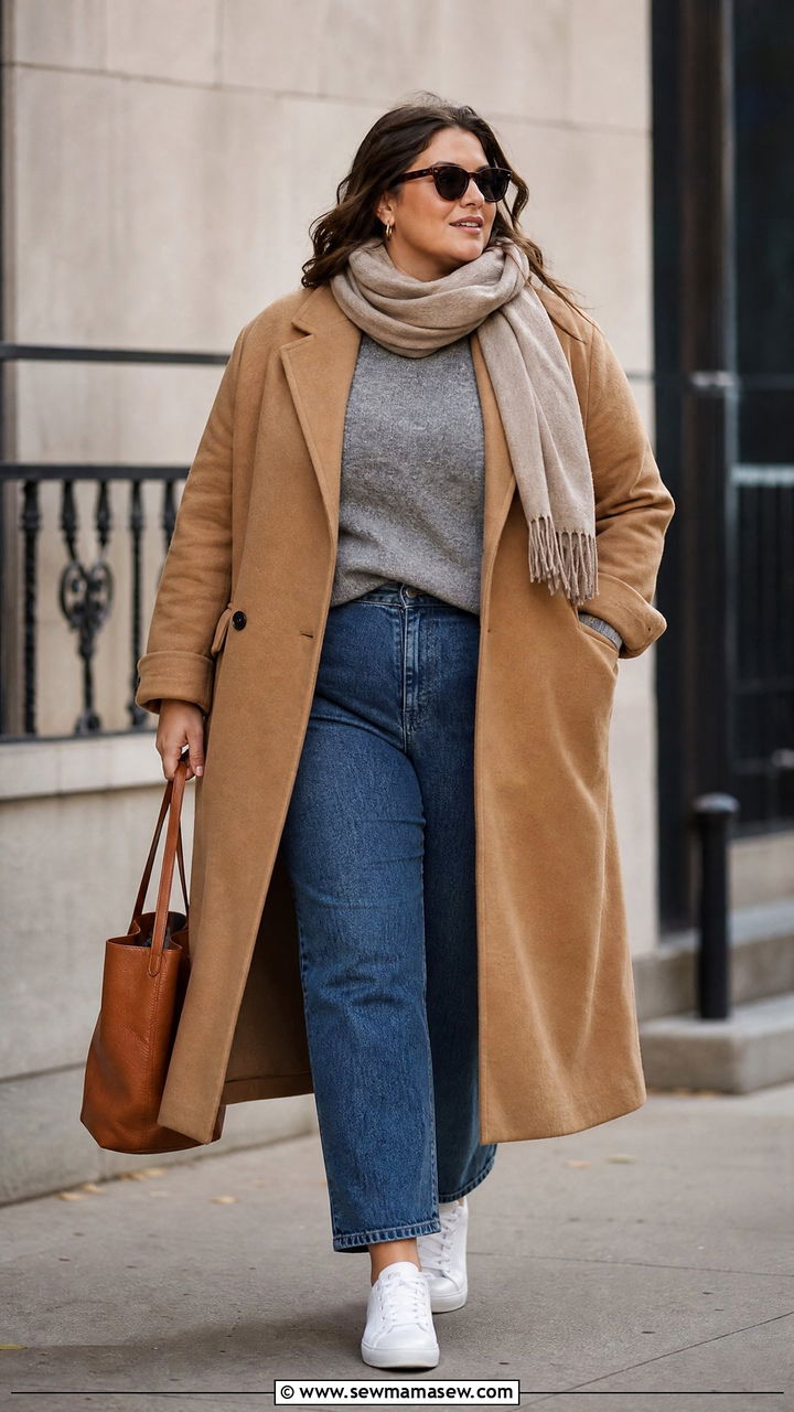 Plus Size Long Coat And Sneakers Outfit - 20 plus size fall outfits