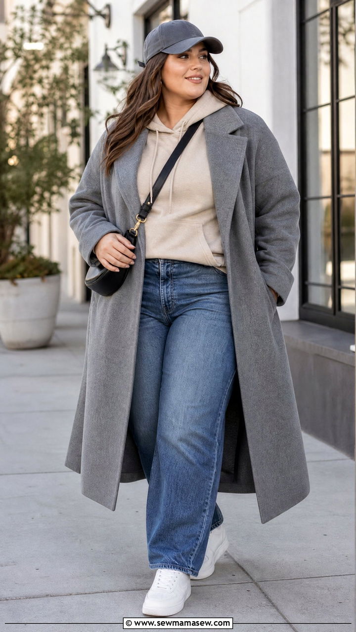 Plus Size Long Coat With Hoodie And Sneakers - 20 plus size long coat outfit ideas