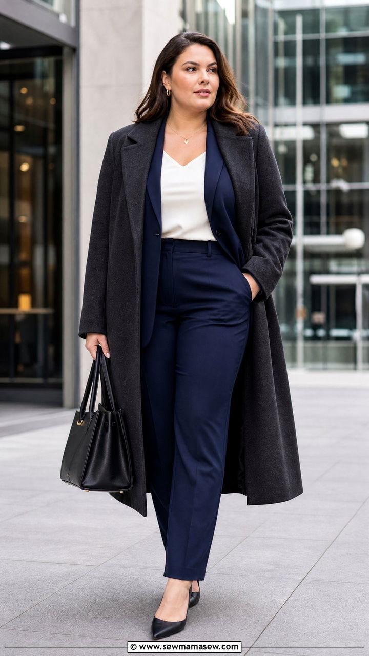 Plus Size Long Coat With Tailored Suit - 20 plus size long coat outfit ideas