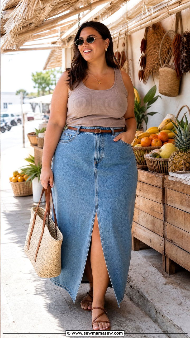 Plus Size Long Denim Skirt With Tank Top - 20 plus size denim skirt outfit ideas