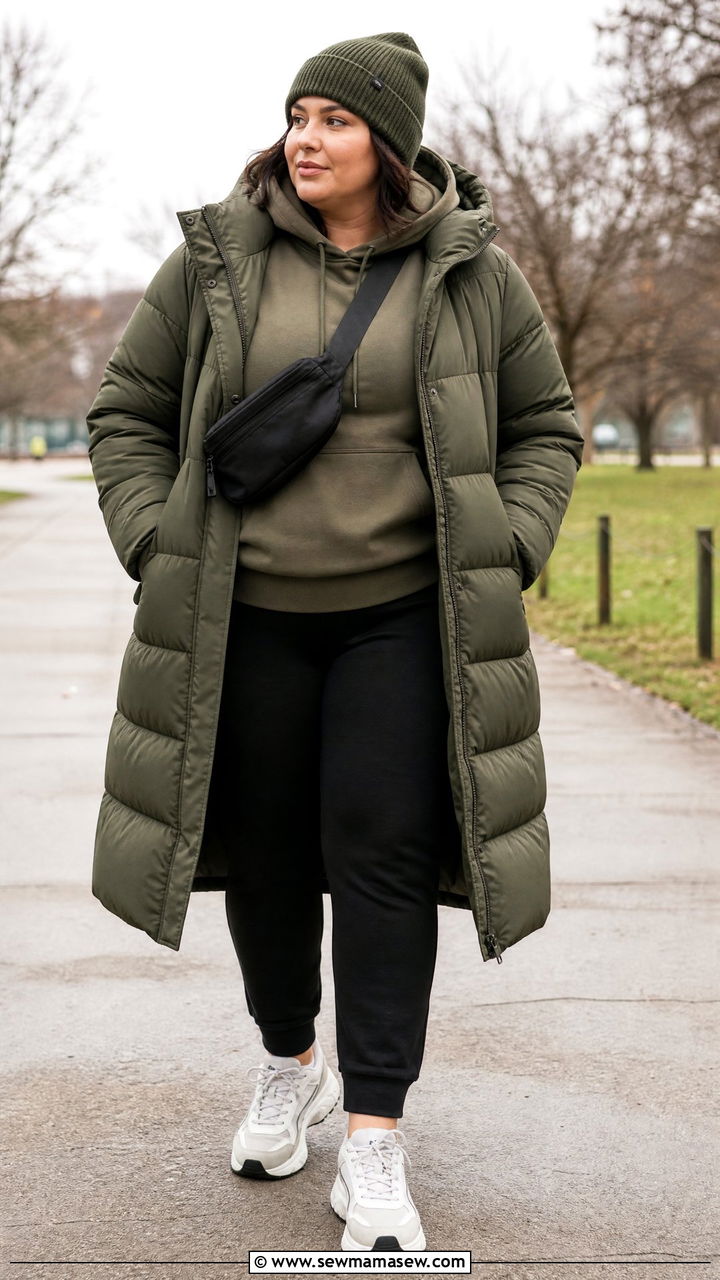 Plus Size Long Puffer Coat With Joggers - 20 plus size long coat outfit ideas