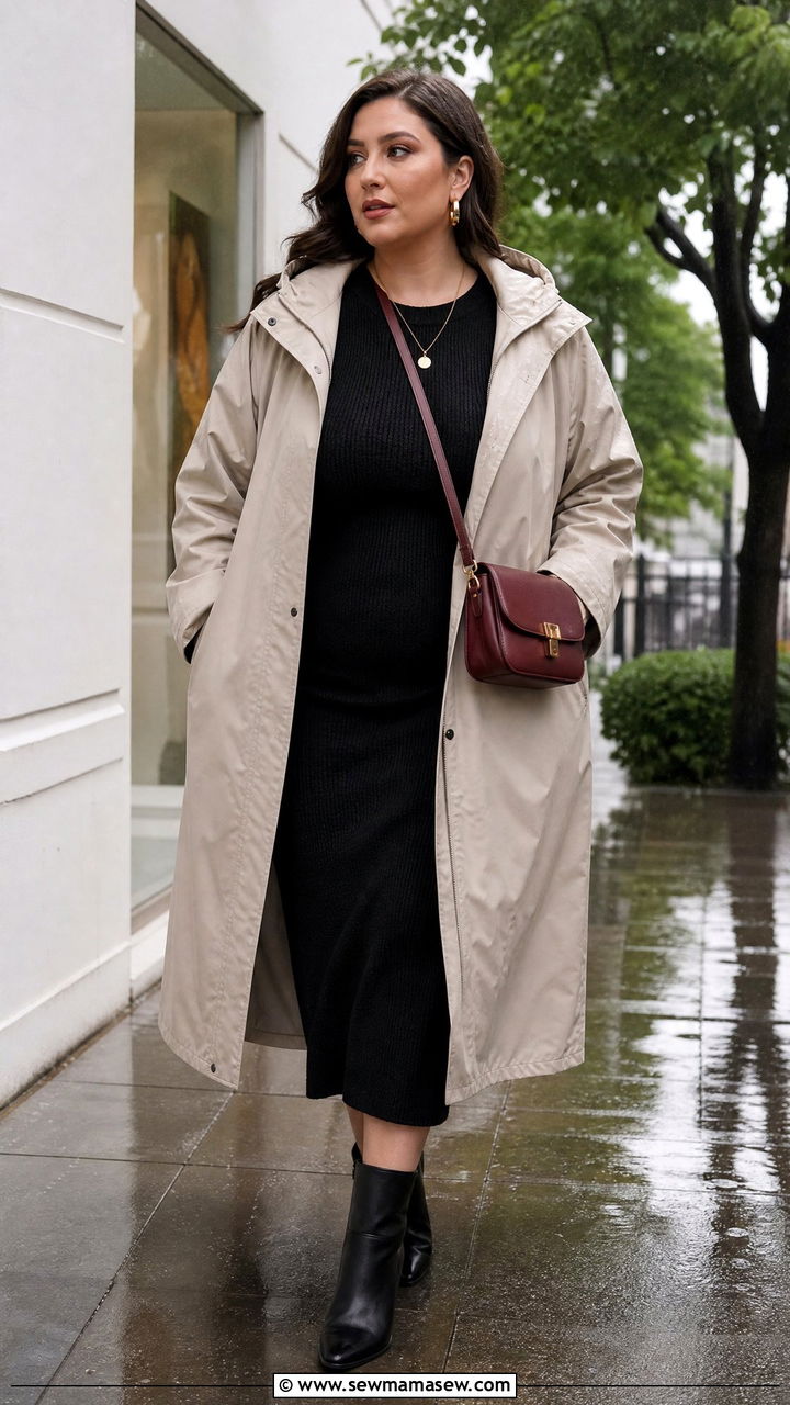 Plus Size Long Raincoat With Black Dress - 20 plus size raincoat outfit ideas