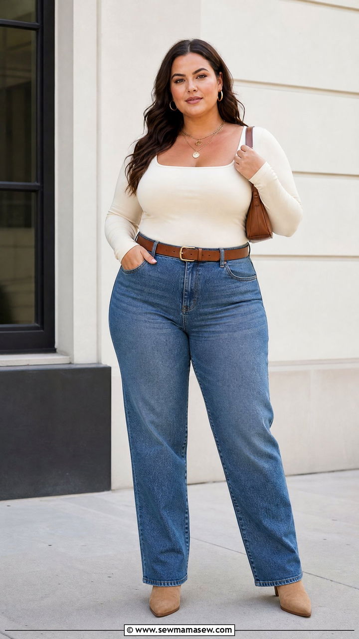 Plus Size Long Sleeve Bodysuit With Straight Leg Jeans - 20 plus size long sleeve top outfit ideas
