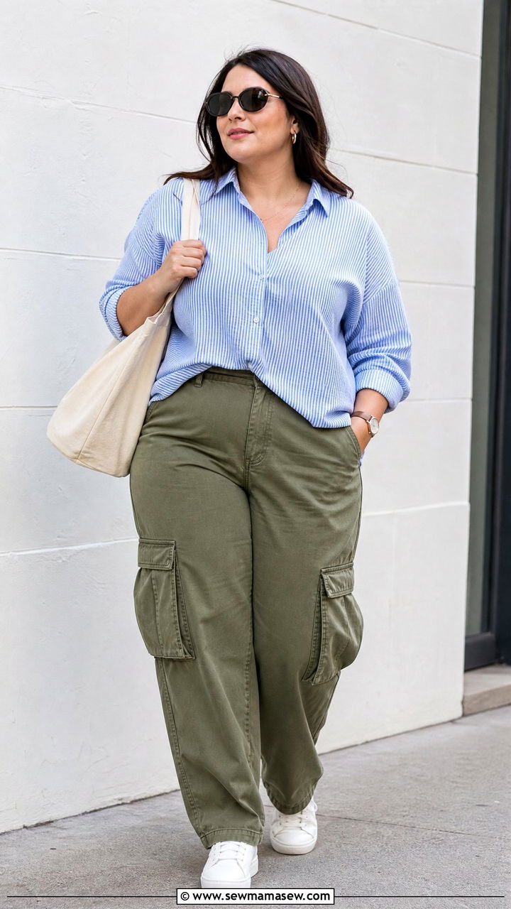 Plus Size Long Sleeve Button Down With Cargo Pants - 20 plus size long sleeve top outfit ideas