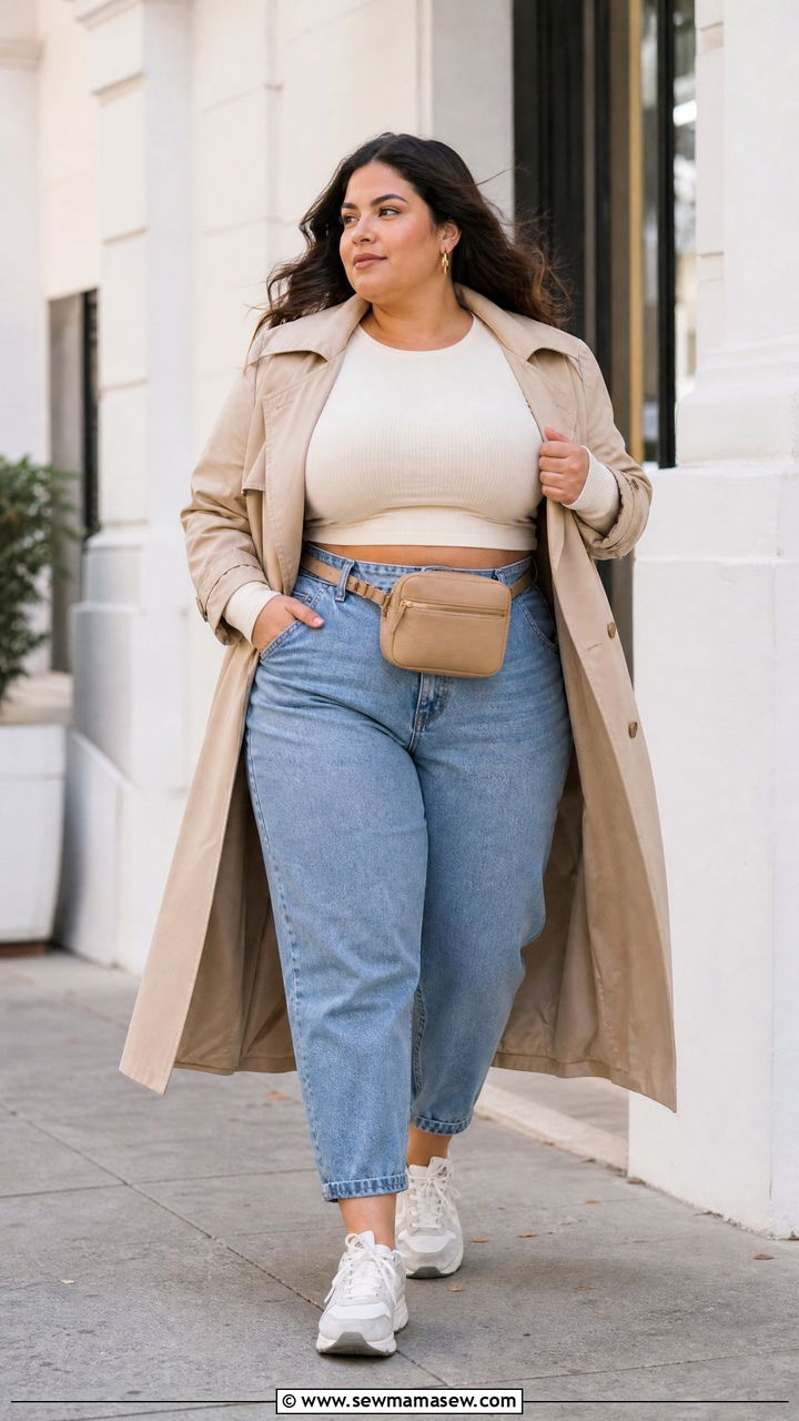 Plus Size Long Sleeve Crop Top And High Waisted Mom Jeans Outfit - 20 plus size crop top and high waisted jeans outfit ideas