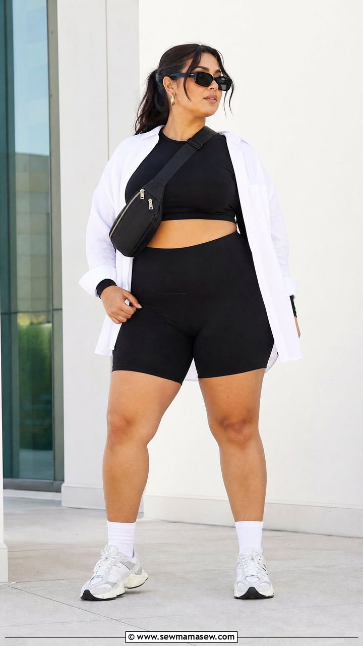 Plus Size Long Sleeve Crop Top With Bike Shorts - 20 plus size long sleeve crop top outfit ideas