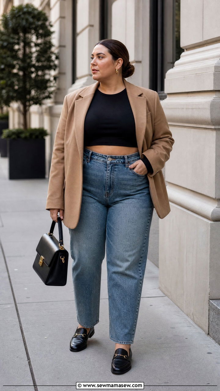 Plus Size Long Sleeve Crop Top With Blazer And Jeans - 20 plus size long sleeve crop top outfit ideas
