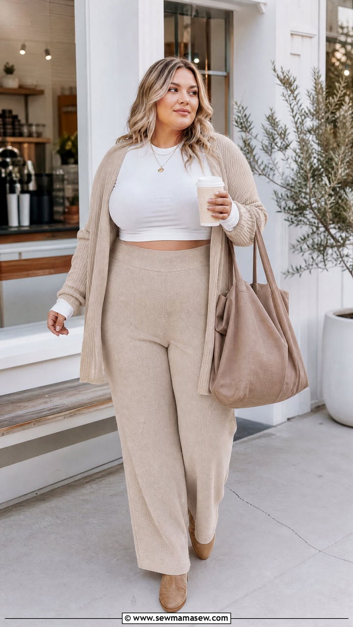 Plus Size Long Sleeve Crop Top With Cardigan And Pants - 20 plus size long sleeve crop top outfit ideas