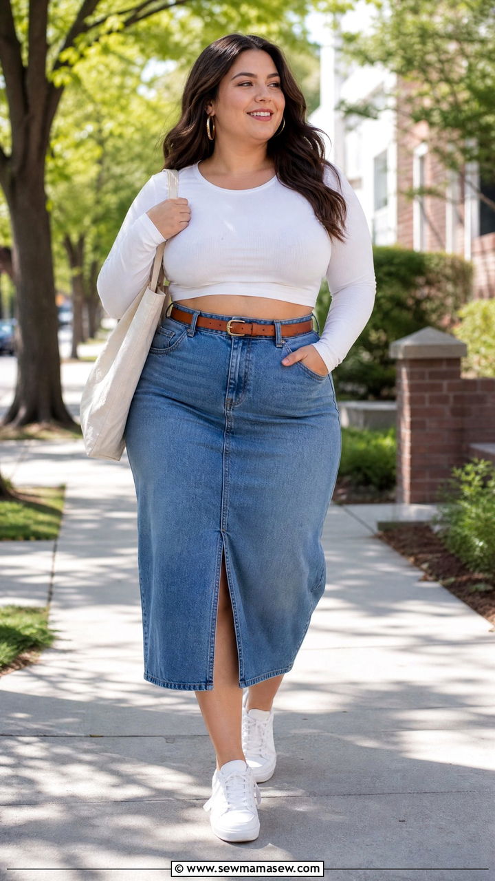 Plus Size Long Sleeve Crop Top With Denim Skirt - 20 plus size long sleeve crop top outfit ideas